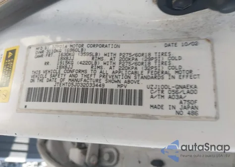 2003 Toyota Land Cruiser из США, поврежденный, VIN JTEHT05J032033449